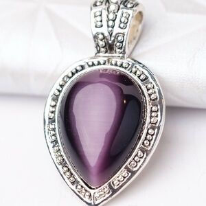 Purple Teardrop Stone Boho Pendant Silver Tone -Amethyst Style